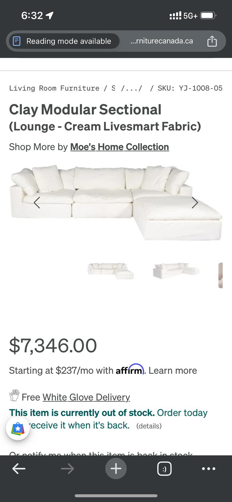 BNIB Moe’s Clay Modular Sofa - White