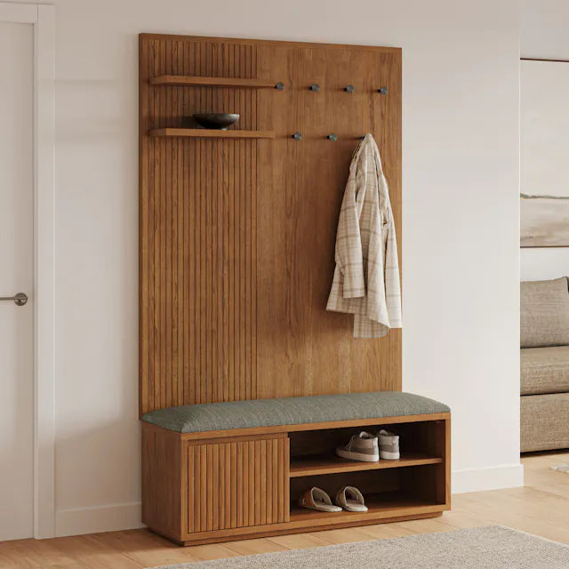 Article Kouva 47" Bench And Wall Panel Storage Set - Smoked Oak And Algonquin Green