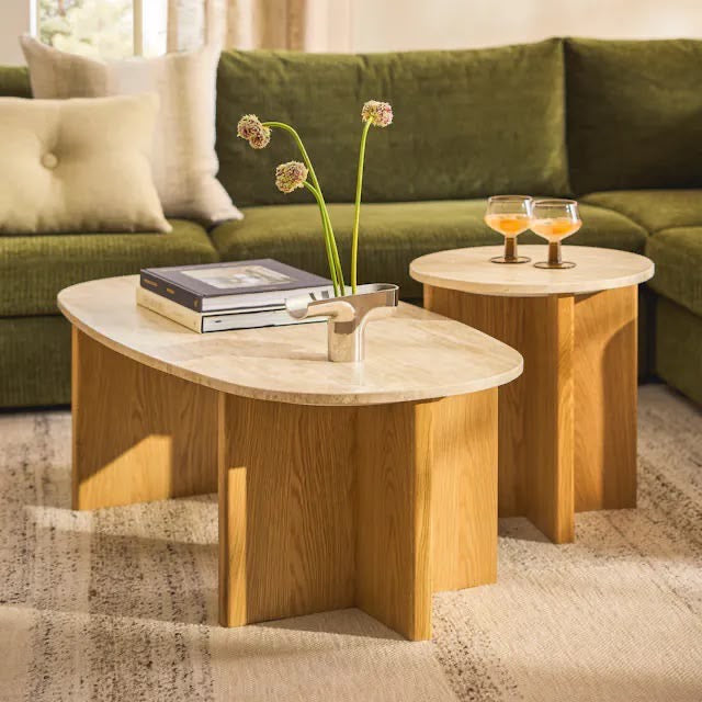 Article Sporo 47.25” Travertine Coffee Table - Natural Oak