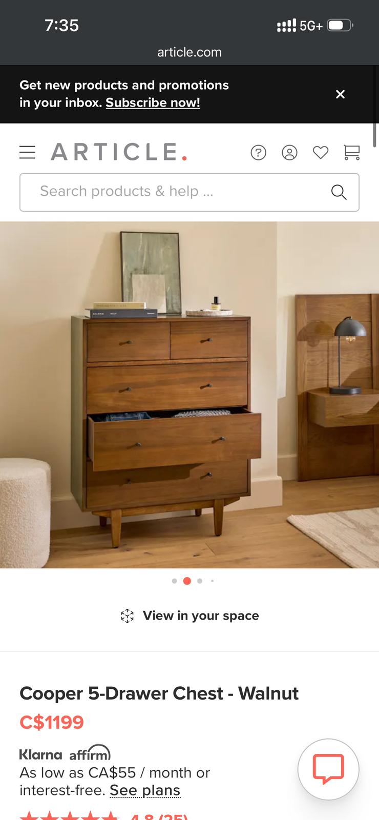 Article Cooper 5 Drawer Chest - Walnut